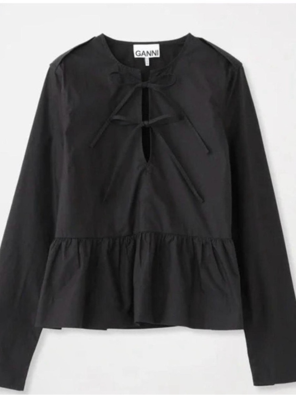 GANNI Black Tie-Front Peplum Long-Sleeve Top size XS